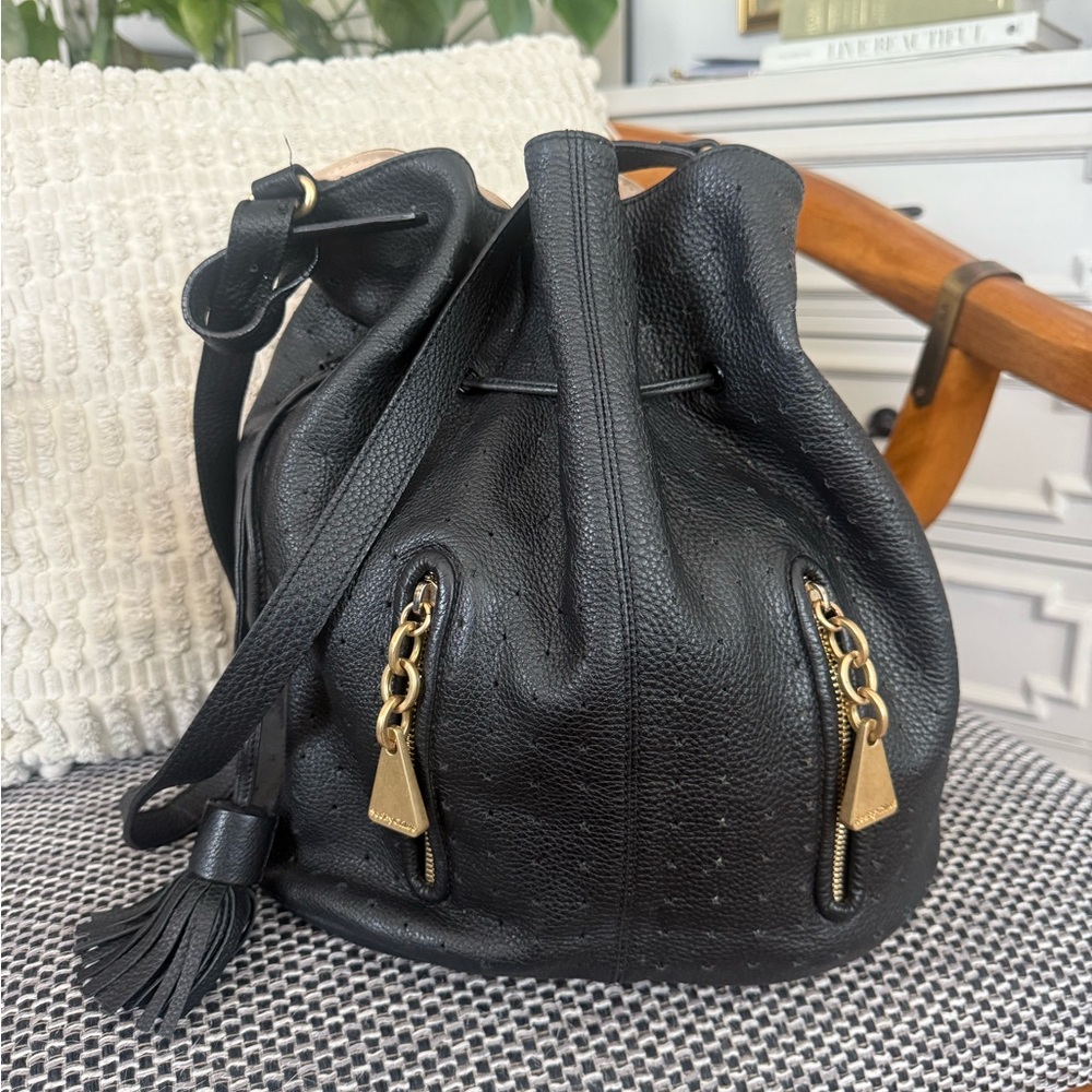 See by Chloe Black Leather Drawstring Bucket Bag with Gold Accents